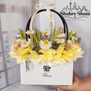 باکس گل شمع کیفی سفید لیمویی