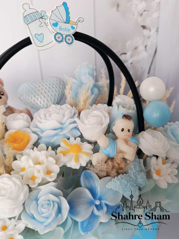 باکس گل شمع کیفی لوکس مخصوص تولد نوزاد پسر